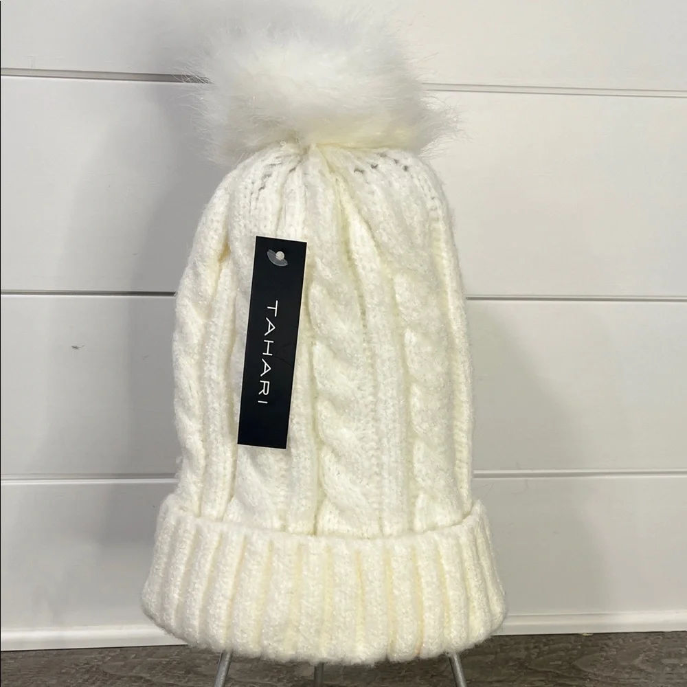 Tahari Cream Knit Winter Beanie with Faux Fur Pom-Pom - NWT